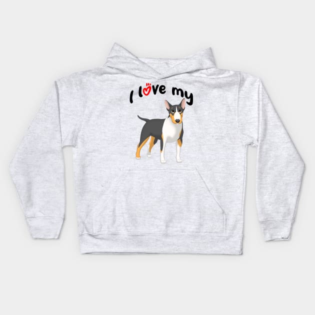 I Love My Black, Tan & White Bull Terrier Dog Kids Hoodie by millersye